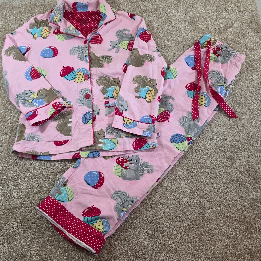 Nick & Nora Pajama Set Squirrel Acorn Pink Cotton Flannel Whimsical Size S